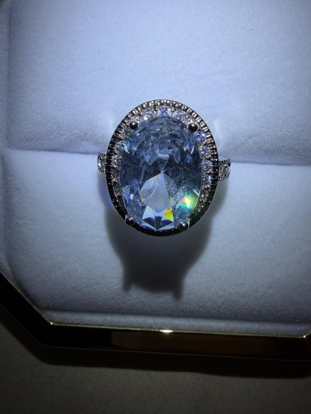 6.6 Carat White Sapphire Ring: Oval-cut Milgraine/Halo, Silver-plate